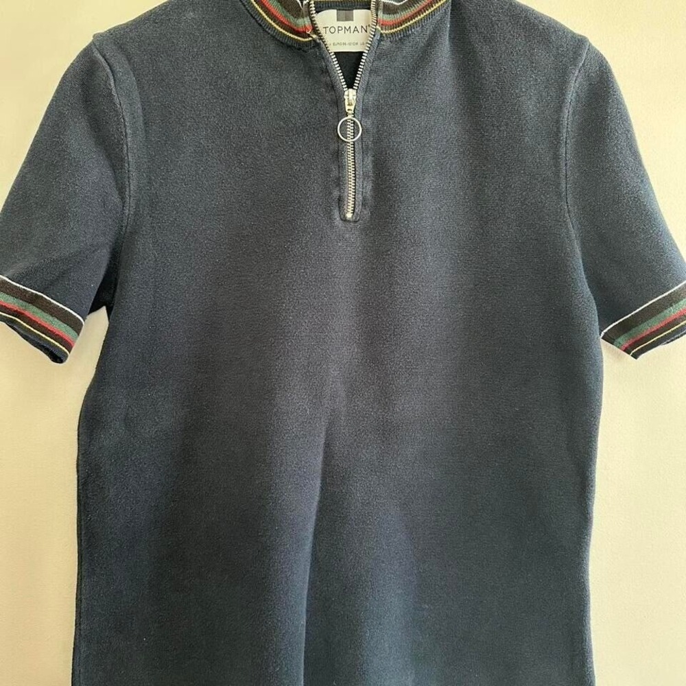 Topman Navy Polo Shirt with Multicolor Trim
